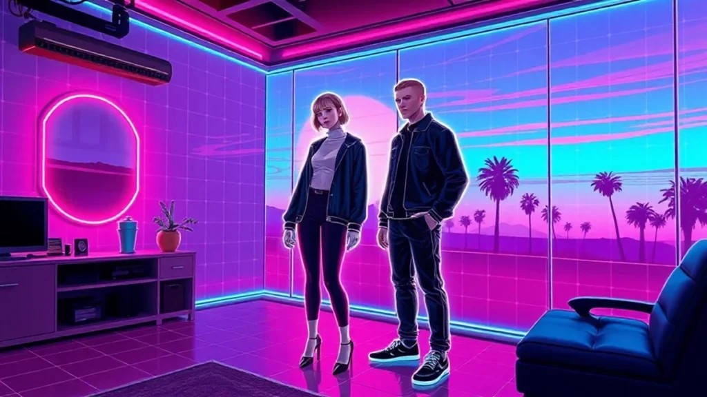 Neon-lit Y2K scene featuring Taylor Swift and Travis Kelce in all-black outfits with digital effects.