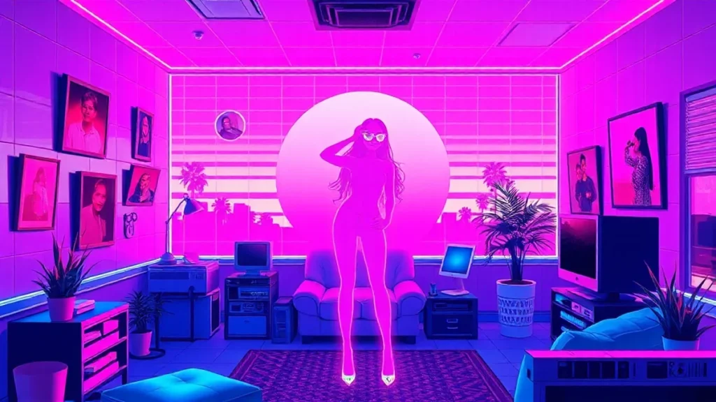 A stylized Y2K illustration of Tiffany Haddish in a neon-lit room with holographic family memories floating around her.