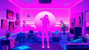 A stylized Y2K illustration of Tiffany Haddish in a neon-lit room with holographic family memories floating around her.