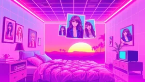 A retro Y2K styled bedroom with neon holographic images of Tricia Helfer and pixelated tech elements.