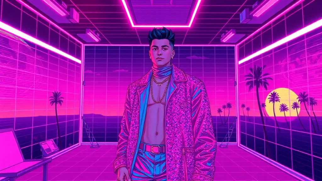 Troye Sivan in a glowing Y2K neon room with holographic effects and digital art.