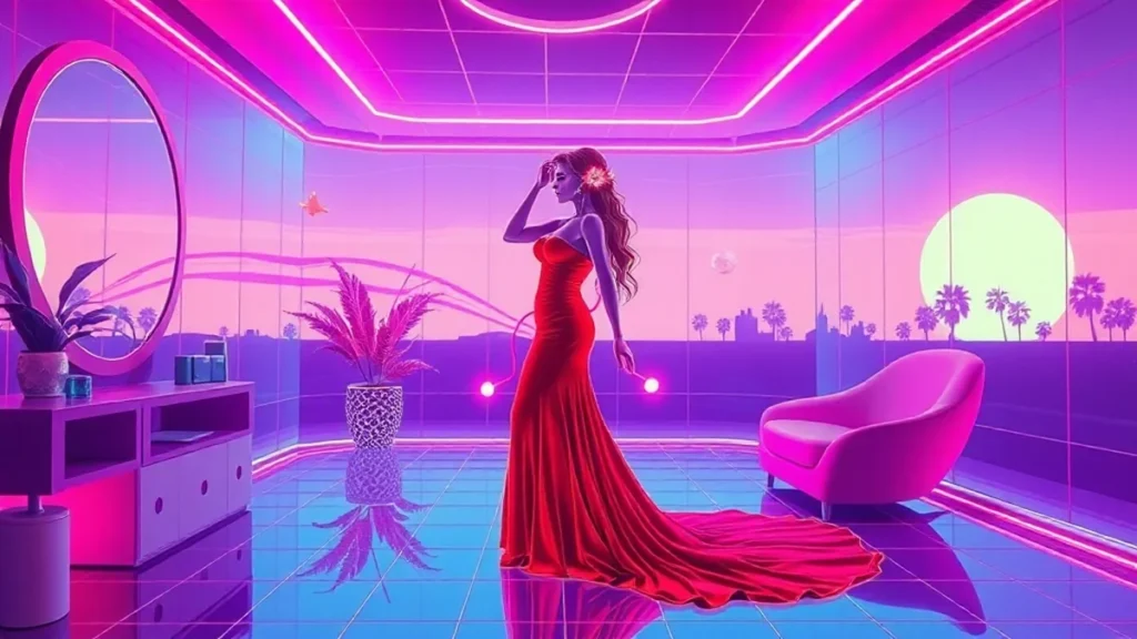 A glowing bride in a red maxi dress surrounded by holographic elements in a neon-lit Y2K room.