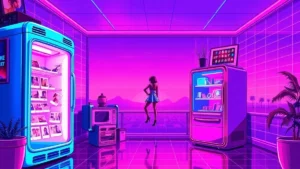 A retro Y2K scene shows a glowing fridge with digital Polaroids, a character in a pixelated dress, and floating holograp