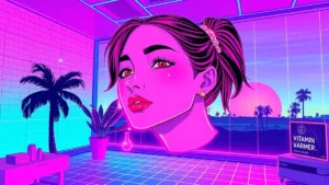 A glowing girl with neon skin floats in a cyberpunk room surrounded by holographic skincare products and digital text.