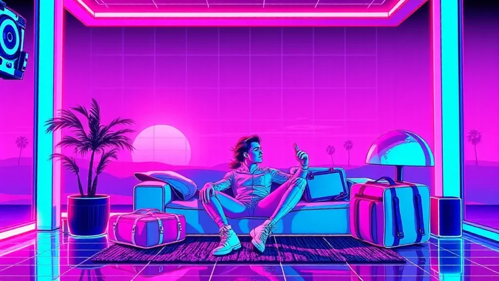 A glowing Y2K character surrounded by floating weekender bags in a neon synthwave room.