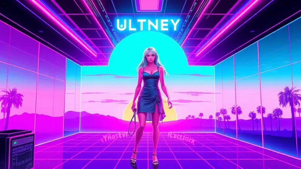 A stylized Y2K illustration of Whitney Port in a neon tennis dress with floating digital elements.