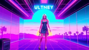 A stylized Y2K illustration of Whitney Port in a neon tennis dress with floating digital elements.
