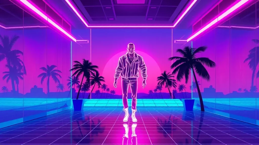 A stylized Y2K scene featuring a holographic fashion model in a digital runway outfit surrounded by glowing tech element