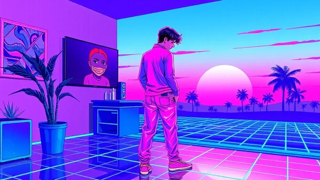 A stylized Y2K character wearing glowing linen pants in a neon synthwave environment.
