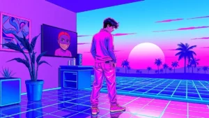 A stylized Y2K character wearing glowing linen pants in a neon synthwave environment.
