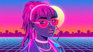 A glowing character in a neon-lit room surrounded by holographic makeup and digital elements.