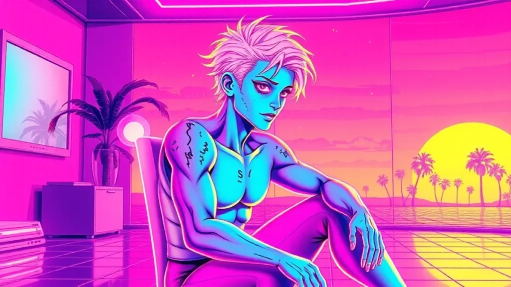 A glowing character with textured skin in a neon Y2K room surrounded by holographic skincare products.