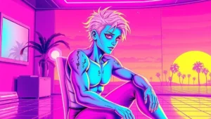 A glowing character with textured skin in a neon Y2K room surrounded by holographic skincare products.