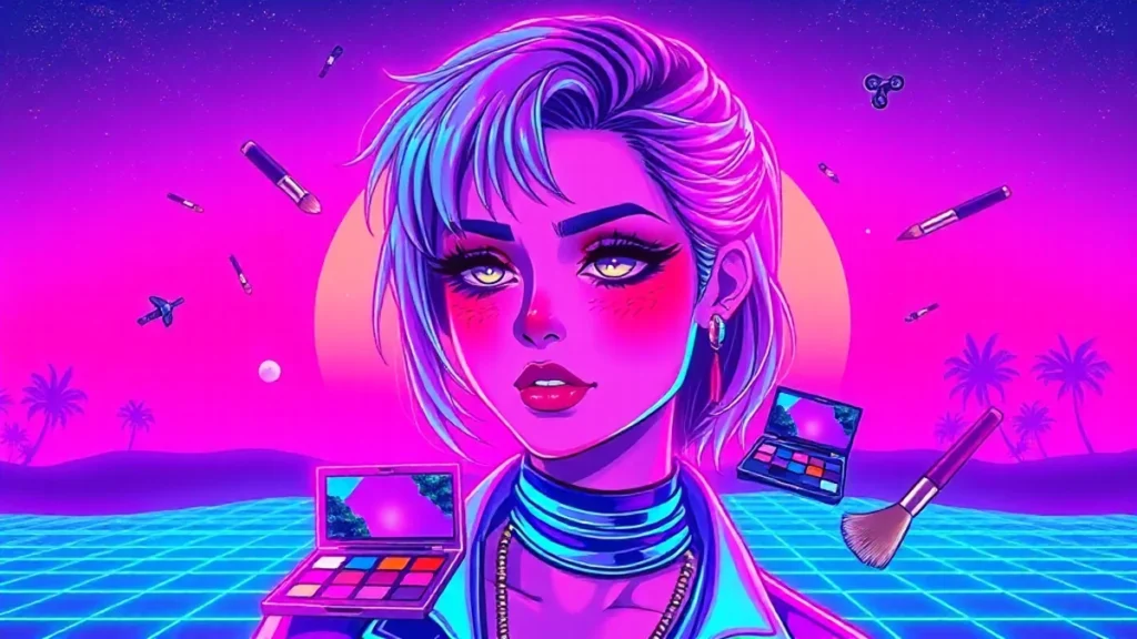 A retro Y2K makeup artist in a neon-lit room with holographic makeup tools and a smoky eye look.