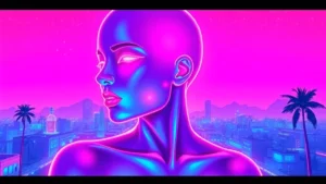 A glowing body with dark spots in a neon synthwave cityscape with floating skincare products and retro computer interfac