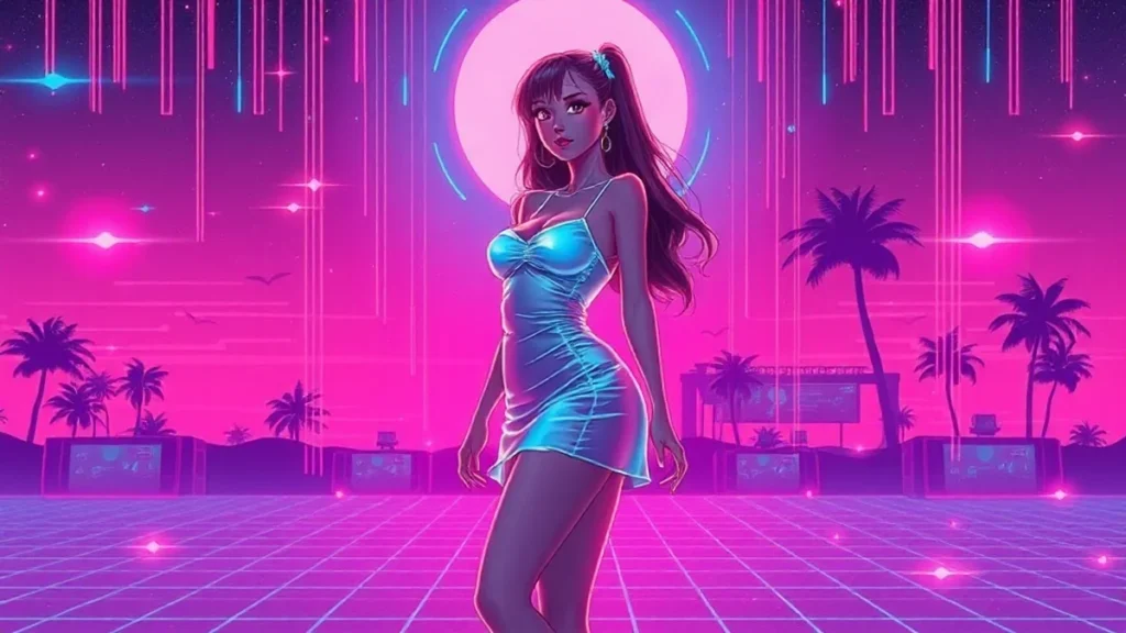A stylized Y2K girl in a short dress with glowing holographic effects and synthwave background.