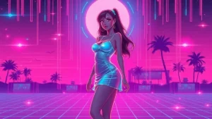 A stylized Y2K girl in a short dress with glowing holographic effects and synthwave background.