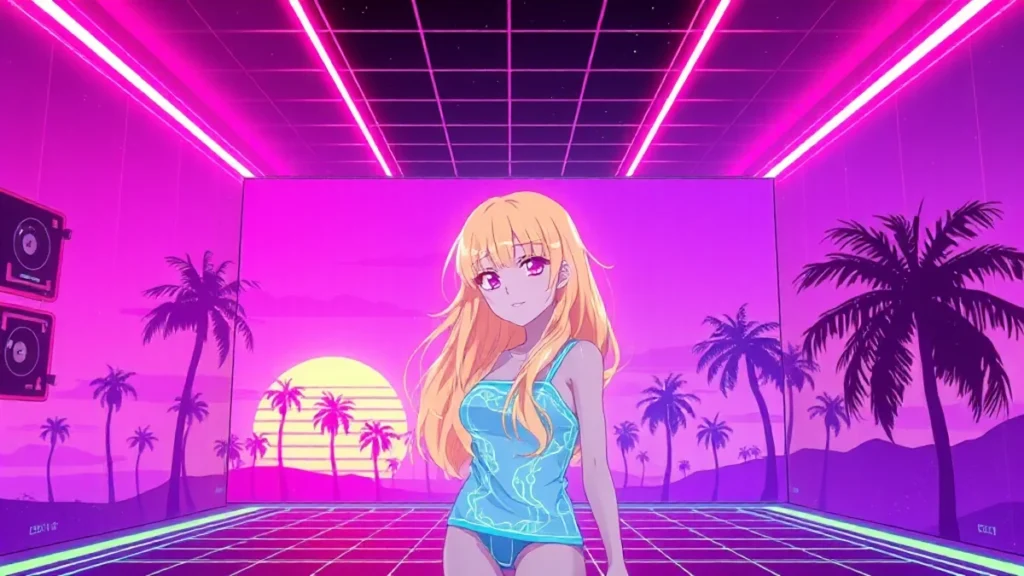 A glowing blonde woman in a neon-lit vaporwave room with floating holographic elements.