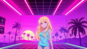 A glowing blonde woman in a neon-lit vaporwave room with floating holographic elements.