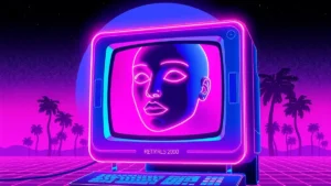 A glowing face with retinol serum surrounded by holographic text in a synthwave style.