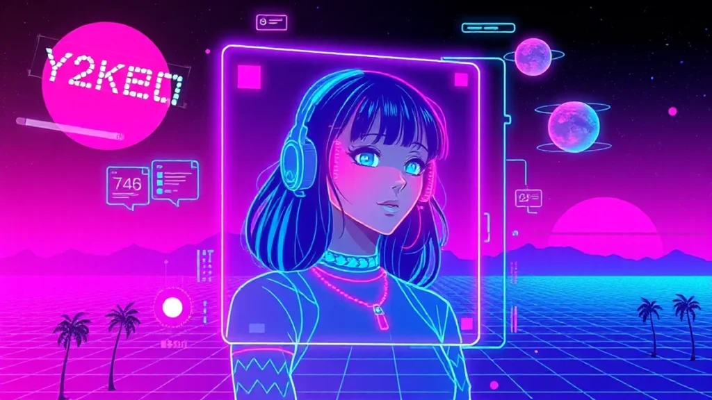 A retro Y2K girl with a holographic chat interface, surrounded by glowing data streams and digital elements.