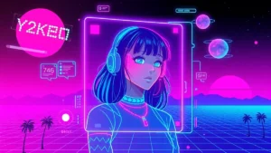 A retro Y2K girl with a holographic chat interface, surrounded by glowing data streams and digital elements.