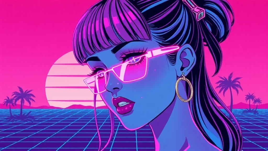 A stylized Y2K character with a bold cut crease and glowing holographic elements in a synthwave environment.