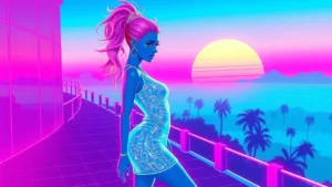 Zendaya in a glowing digital dress surrounded by floating data streams in a neon Y2K cyberpunk scene.