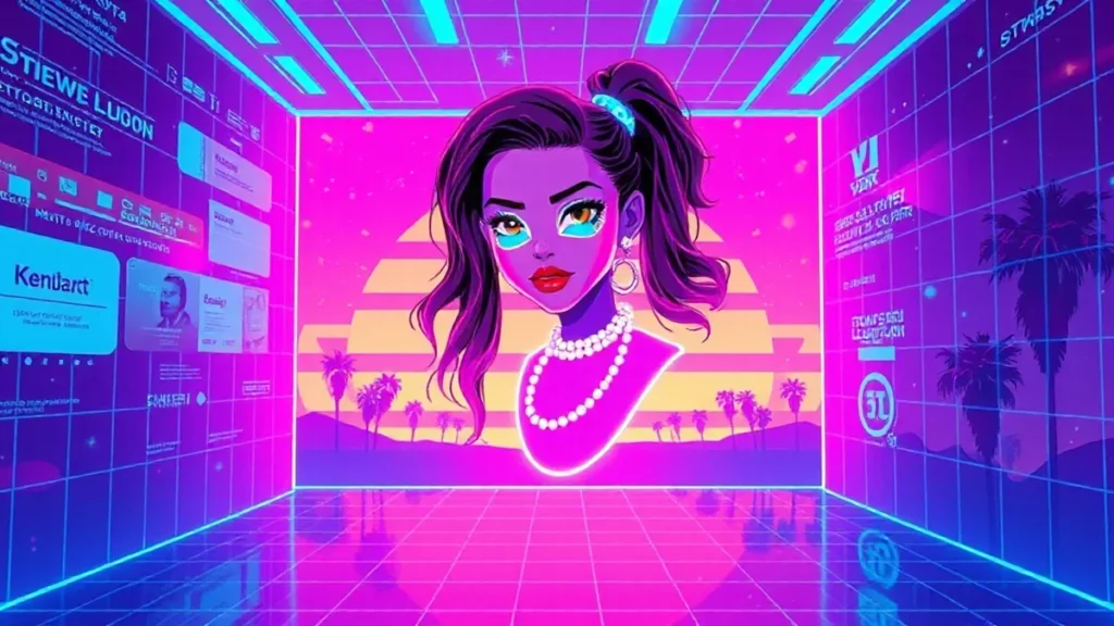 A stylized Zendaya figure in a neon Y2K room with holographic elements and a synthwave background.