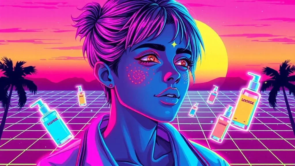 A retro Y2K character with glowing acne scars in a neon-lit room surrounded by floating skincare products.
