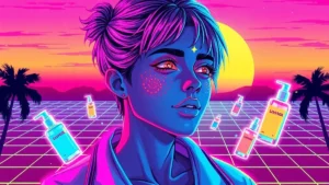A retro Y2K character with glowing acne scars in a neon-lit room surrounded by floating skincare products.