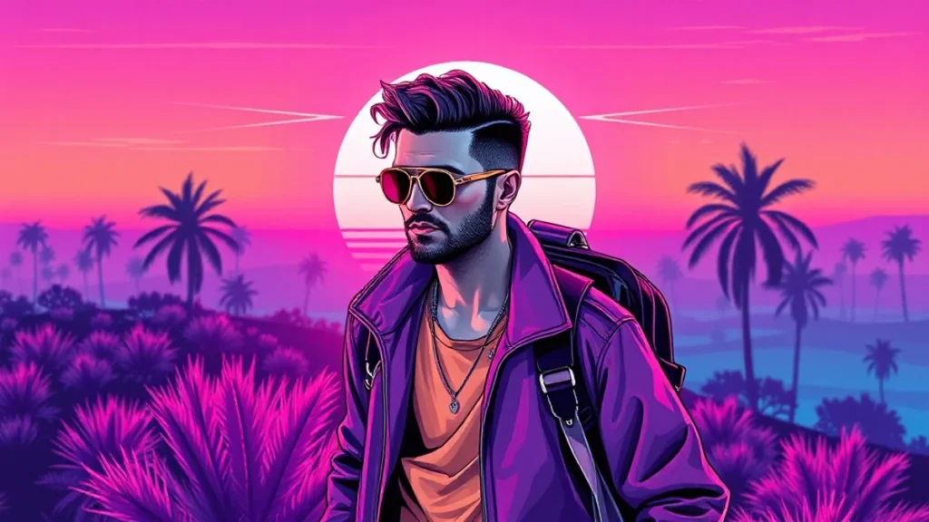 Stylized retro illustration of Adam Levine hiking through a neon synthwave landscape.