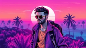 Stylized retro illustration of Adam Levine hiking through a neon synthwave landscape.