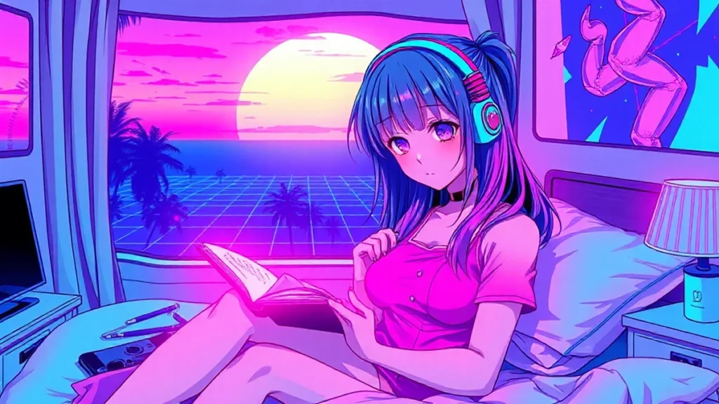 Stylized retro illustration of a girl reading a book amidst neon vaporwave aesthetics.