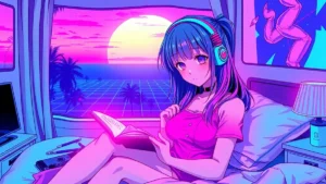 Stylized retro illustration of a girl reading a book amidst neon vaporwave aesthetics.