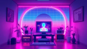 A glowing character in a neon-lit Y2K room surrounded by floating tech and holographic decor.