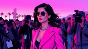 A stylish, professional woman navigating a high-profile public event with confidence and poise.
