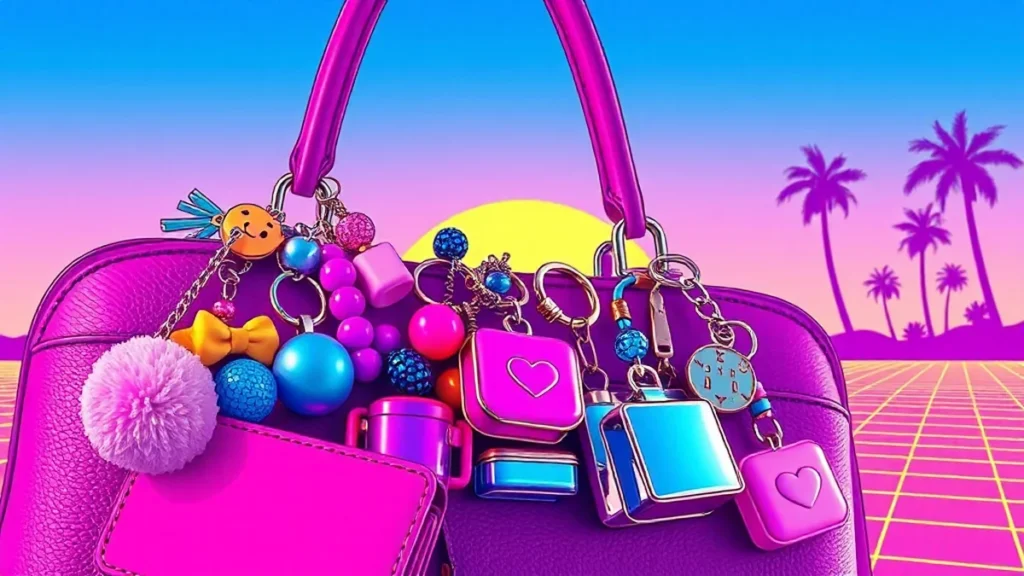 A variety of decorative charms and functional accessories hanging from a stylish designer handbag.