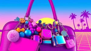 A variety of decorative charms and functional accessories hanging from a stylish designer handbag.