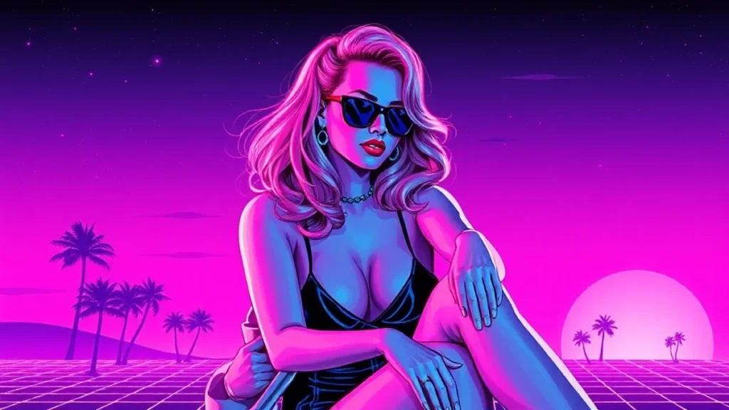 Stylized retro illustration of Amy Adams in a sparkling neon vaporwave dreamscape.