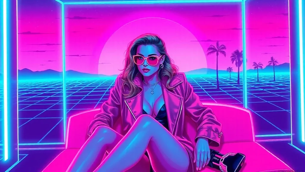 Stylized retro illustration of Anna Faris in a colorful neon vaporwave aesthetic setting.