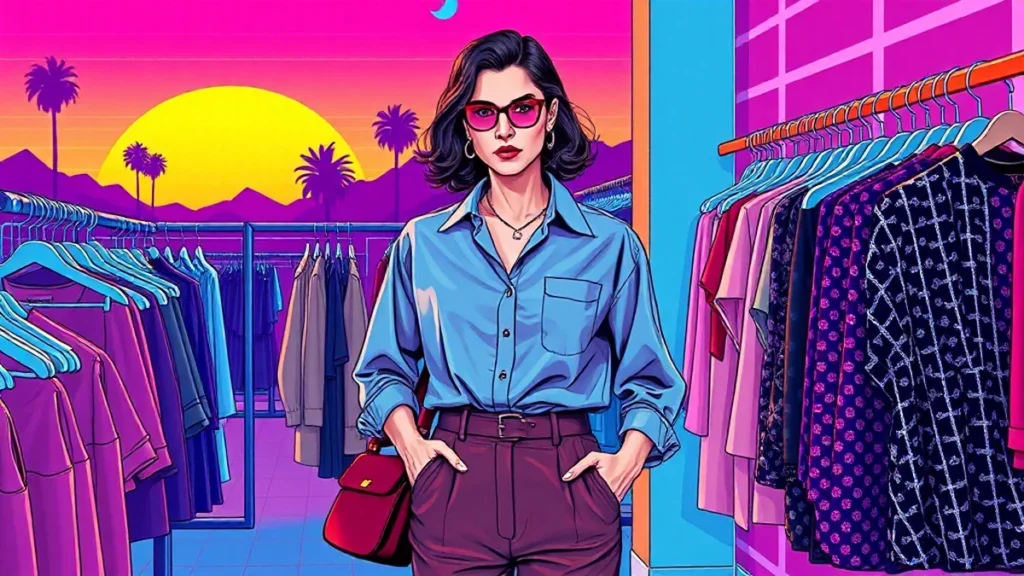 A sophisticated woman browsing high-end vintage clothing in a boutique setting.