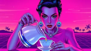 An elegant woman pouring tea into a cup during a dramatic moment.