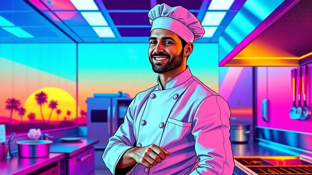A male chef in a professional restaurant kitchen smiling amidst culinary chaos.