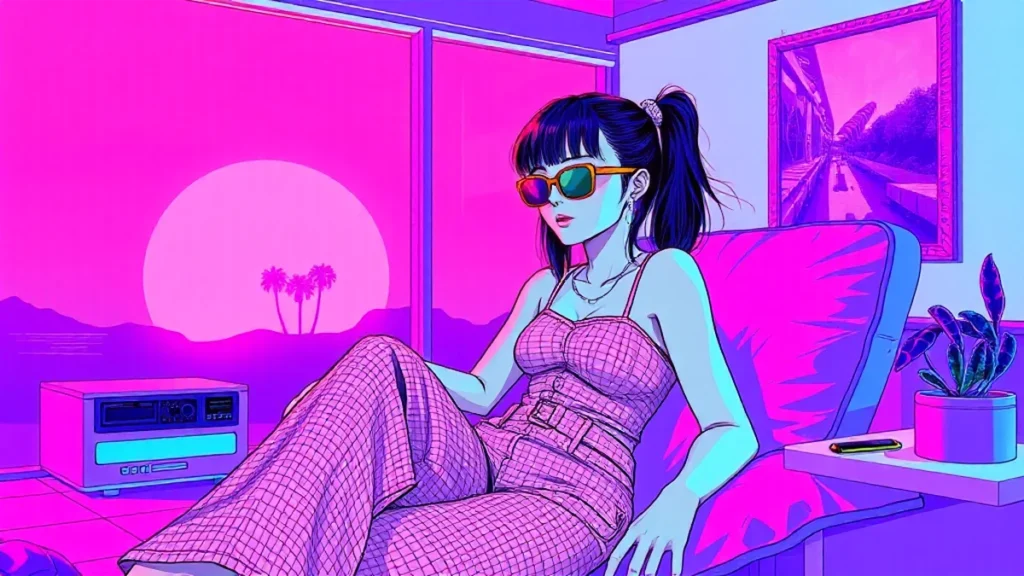 Stylized retro illustration of a trendy woman wearing checkered gingham pants in a neon aesthetic.