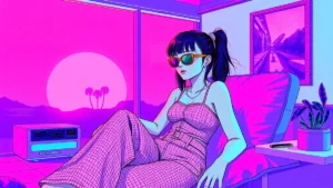 Stylized retro illustration of a trendy woman wearing checkered gingham pants in a neon aesthetic.