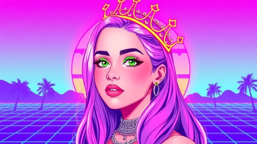 Stylized retro illustration of a princess with green eyeshadow and golden crown.