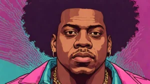 Close up portrait of Jay-Z sporting a large, textured natural afro hairstyle.