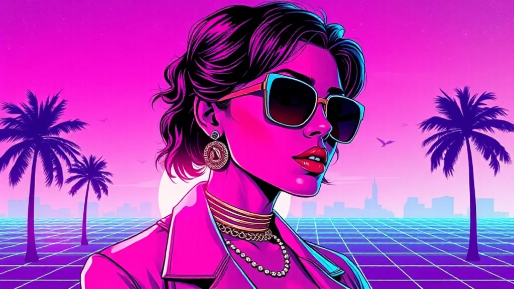 Stylized Y2K aesthetic illustration of a man surrounded by neon police lights and glitch effects.