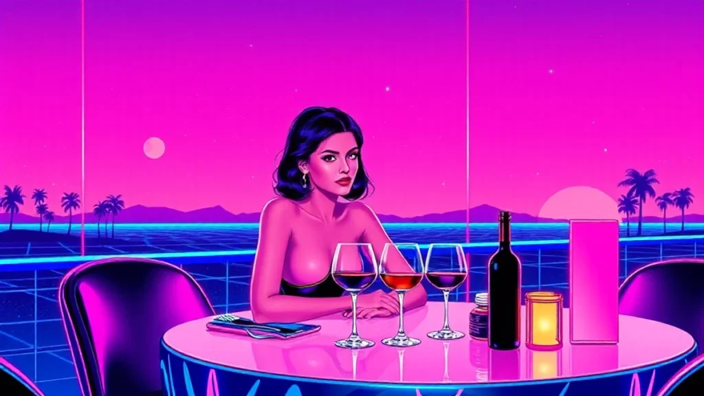 Stylized retro illustration of a sophisticated woman enjoying a glowing neon Shabbat dinner.